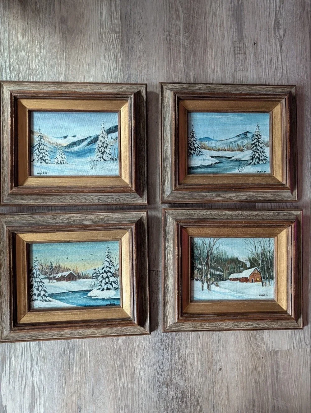 Vintage Betty Mack Wood Framed Winter Landscapes 4 Oil Paintings On Board 11x13
